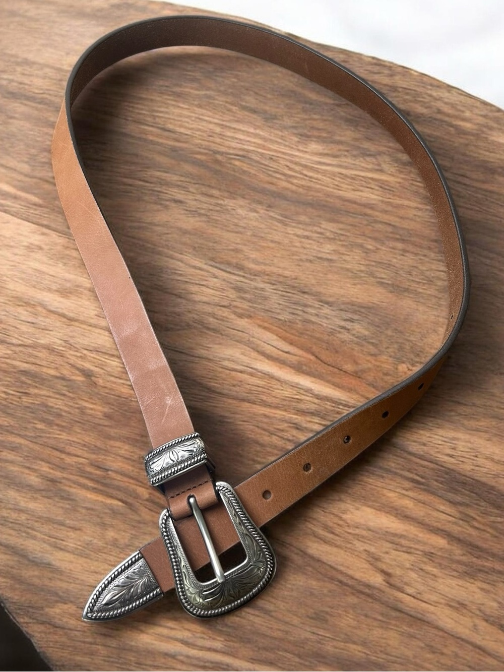 Vintage Western Brown Leather Belt Silver Engraved Buckle